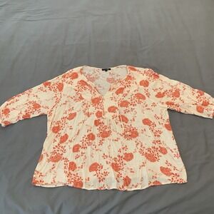 Papermoon Orange Cream Floral Blouse Size 2X 3/4 Sleeve Crinkle Casual Cute!